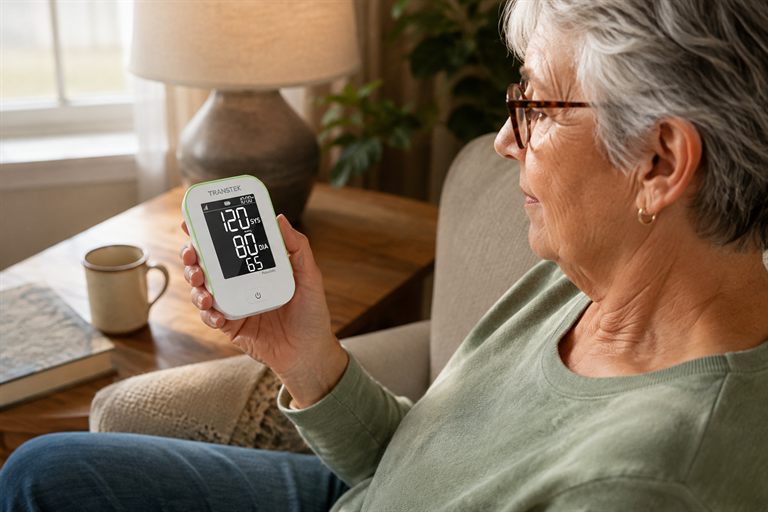Older woman at home reviewing a blood pressure reading of 120 over 80 on a handheld monitor.