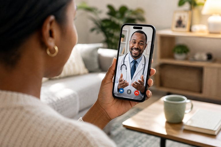 Woman at home on a video call with a clinician.