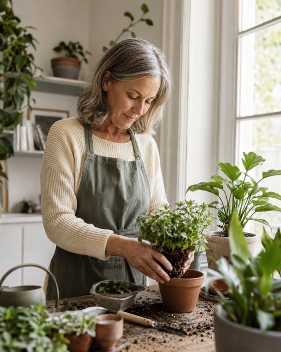 Older woman tending houseplants at home.